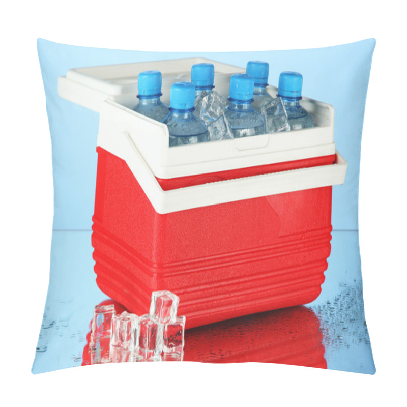 Personality  Traveling Refrigerator With Bottles Of Water And Ice Cubes, On Blue Background Pillow Covers