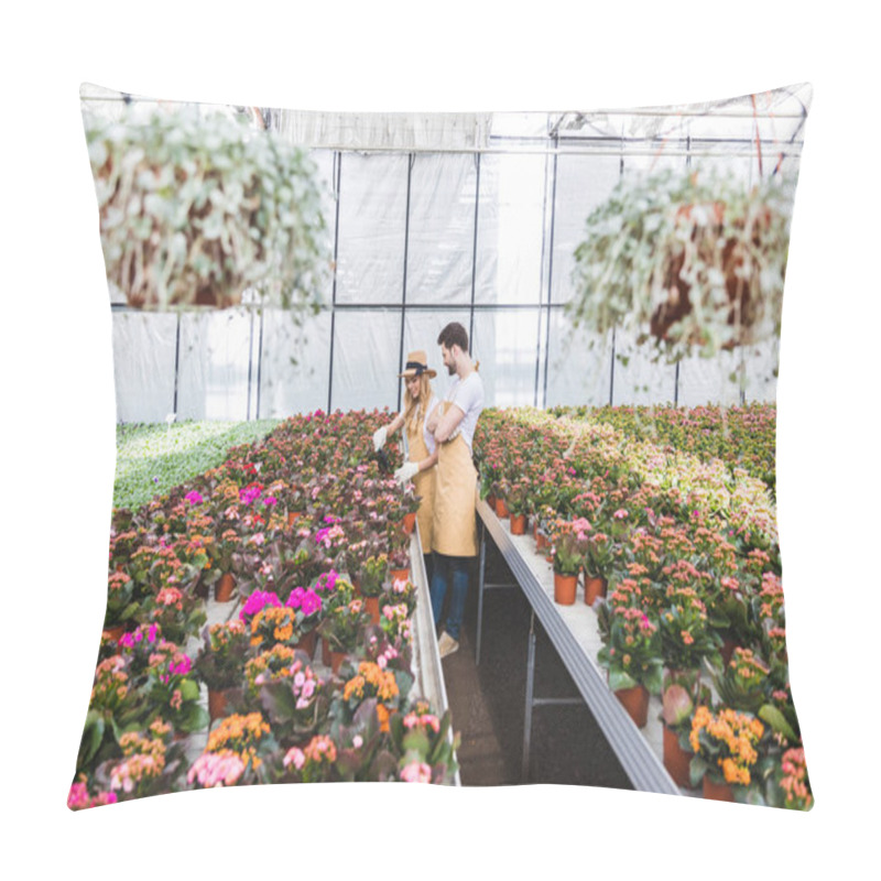 Personality  Couple Of Gardeners Arranging Pots With Flowers In Greenhouse Pillow Covers