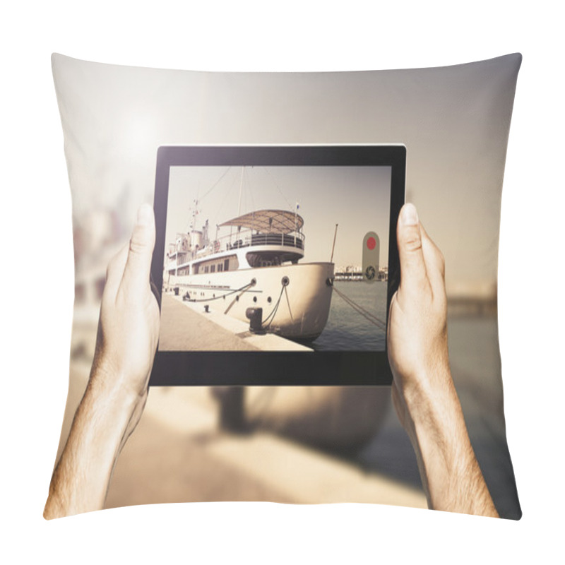 Personality  Hands Holding A Tablet. Taking A Photo Of A Luxury Yacht. Pillow Covers