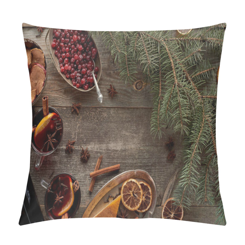 Personality  Top View Of Red Spiced Mulled Wine Near Fir Branch, Berries, Anise, Orange Slices And Cinnamon On Wooden Rustic Table Pillow Covers