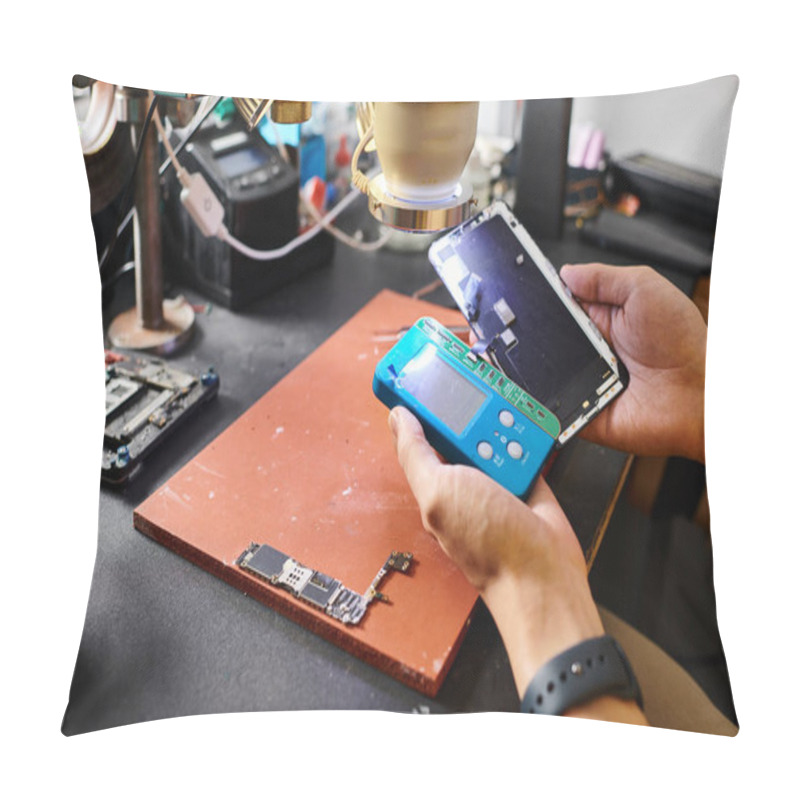 Personality  Cropped View Of Technician Working With Smartphone And Voltmeter In Repair Shop, Small Business Pillow Covers