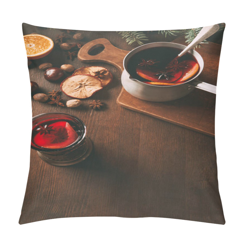 Personality  Hot Mulled Wine In Saucepan And Glass Cup With Spices On Wooden Background Pillow Covers