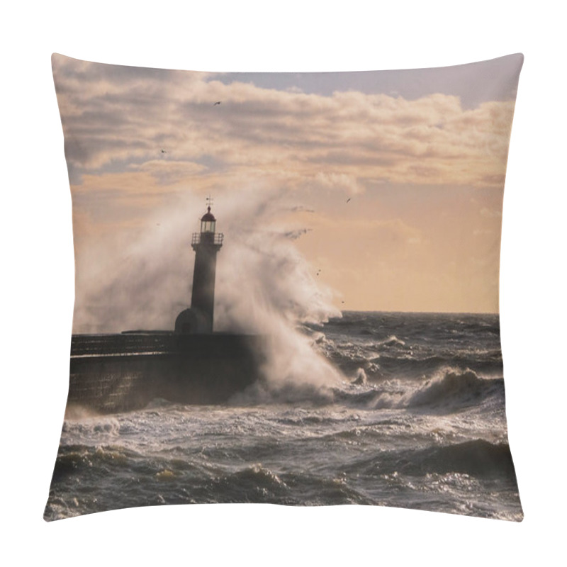 Personality  Wave Against Lighthouse Of Porto, Portugal, In The Sunset Light Pillow Covers