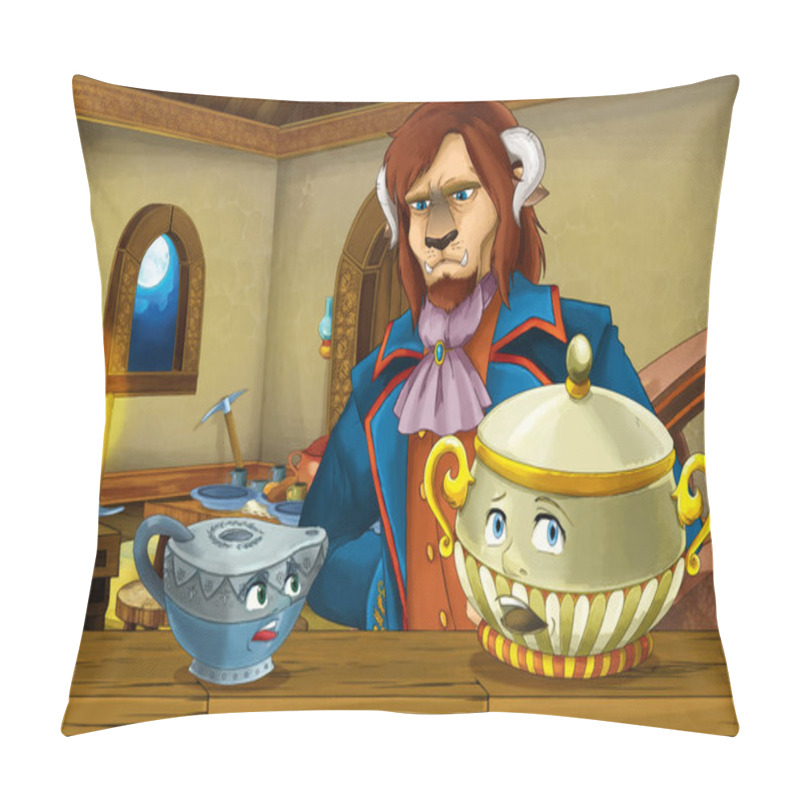 Personality  Cartoon Scene With Old Traditional Kitchen With Magical Living Dishes And Enchanted Prince - Illustration For Children Pillow Covers