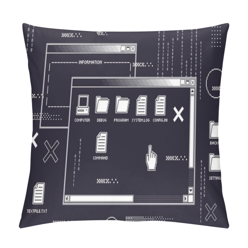 Personality  Abstract 80s Interface. Retro Computer Black Screen With Old Programs Dark UI, Program Glitch And Hack Or Virtual Virus Attack Vector Illustration Pillow Covers