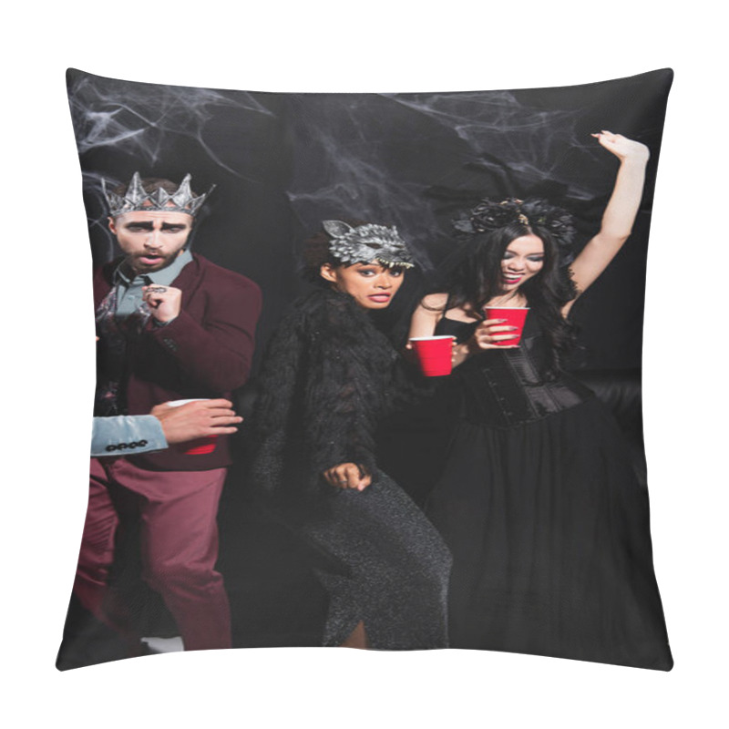 Personality  African American Woman In Wolf Mask Looking At Camera While Dancing With Excited Multiethnic Friends On Black   Pillow Covers