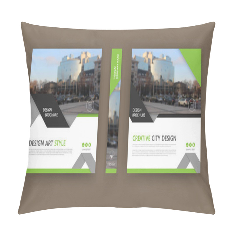 Personality  Abstract Composition. White Brochure Cover Design. Info Banner Frame. Text Font. Title Sheet Model Set. Modern Vector Front Page. City View Texture. Green Triangle Figures Image Icon. Ad Flyer Fiber Pillow Covers