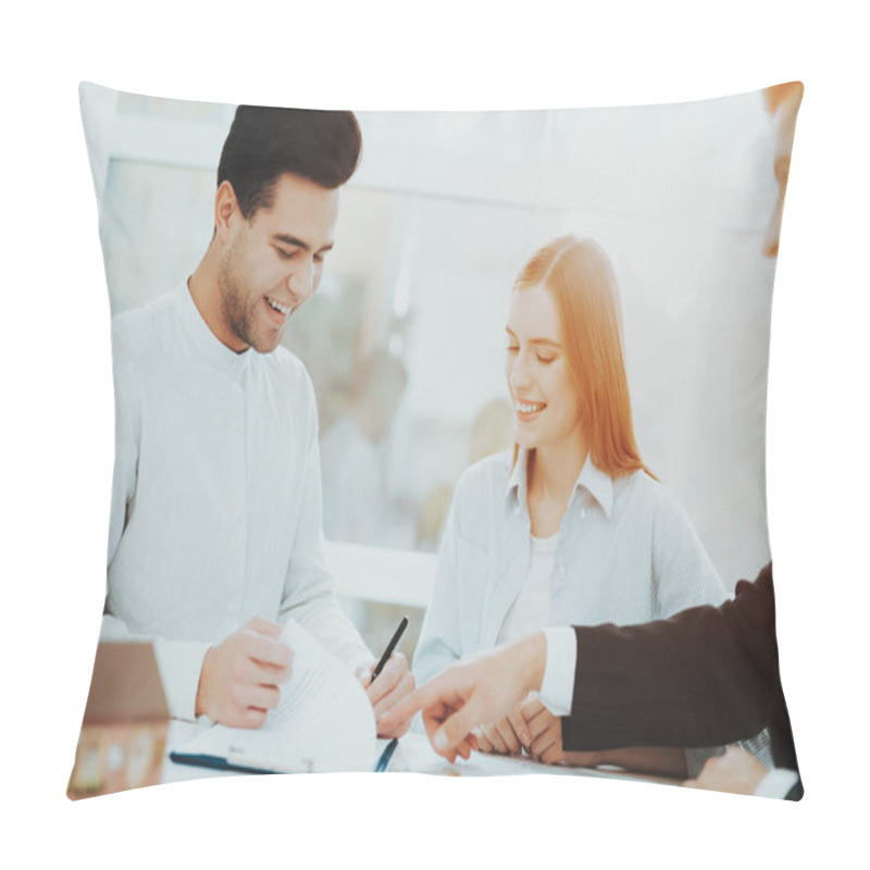 Personality  Young Couple. Meeting With Rieltor Concept. Bright Office. Making A Contract. Buying A Property. Panoramic Windows. Business Meeting. Customer And Buyer. Offer Discussion. Professional Agreement. Pillow Covers