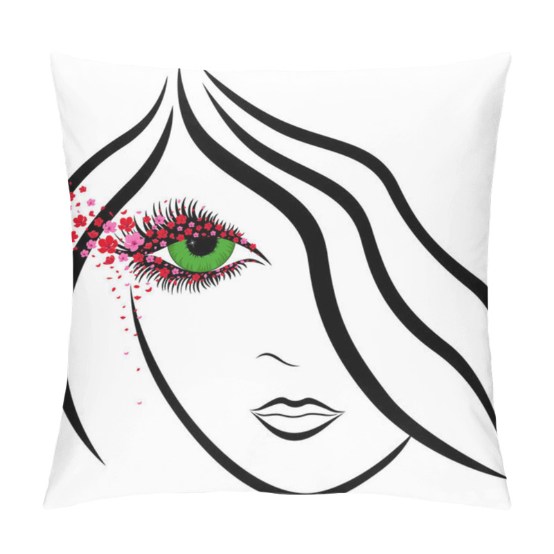 Personality  Abstract Girl Face With Green Eye And Sakura Florets Pillow Covers