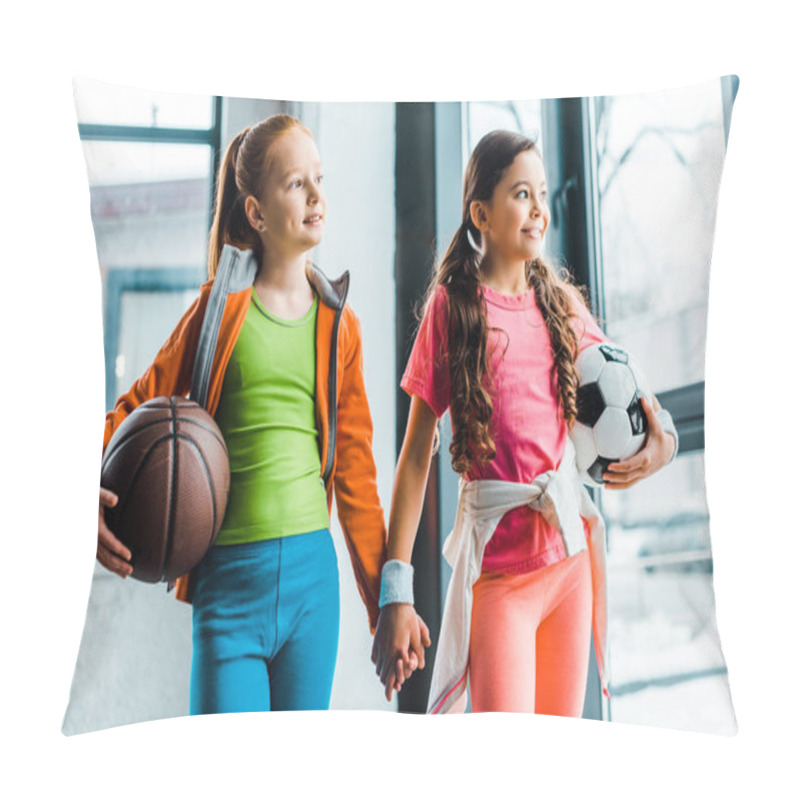 Personality  Blissful Kids Holding Hands While Posing In Gym Pillow Covers