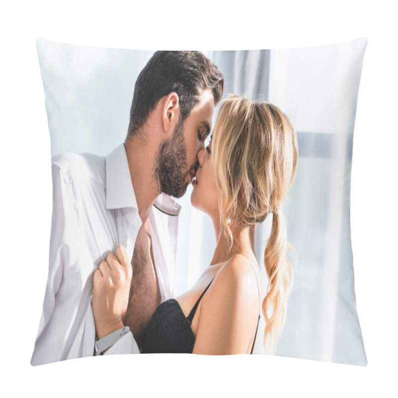 Personality  Side View Of Sexy Blonde Woman Kissing Businessman In Office Pillow Covers