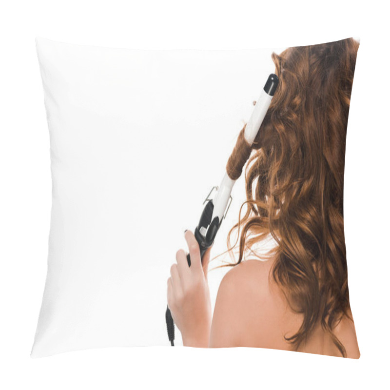 Personality  Back View Of Nude Woman Curling Hair Isolated On White  Pillow Covers