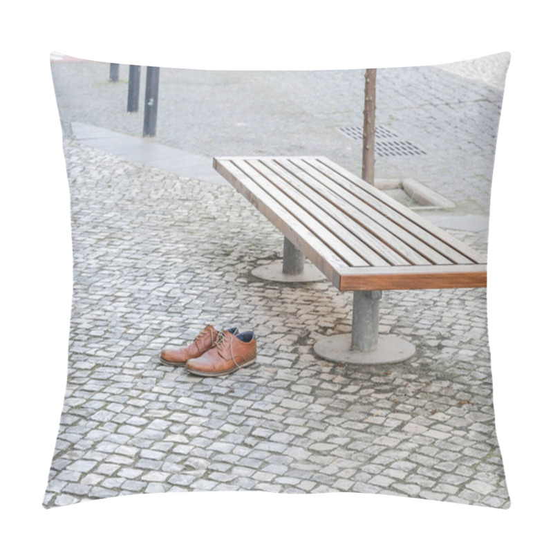 Personality  Brown Leather Shoes On A Cobblestone Pavement Next To A Bench In An Urban Setting. Pillow Covers