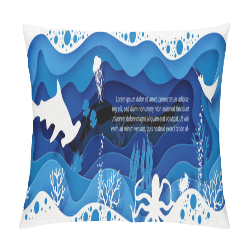 Personality  Card And Poster Scene Of Under The Sea And Ocean In Layers Paper Cut Style And Vector Design With  Shark And Sea Animals, Example Texts On Blue Background. Pillow Covers