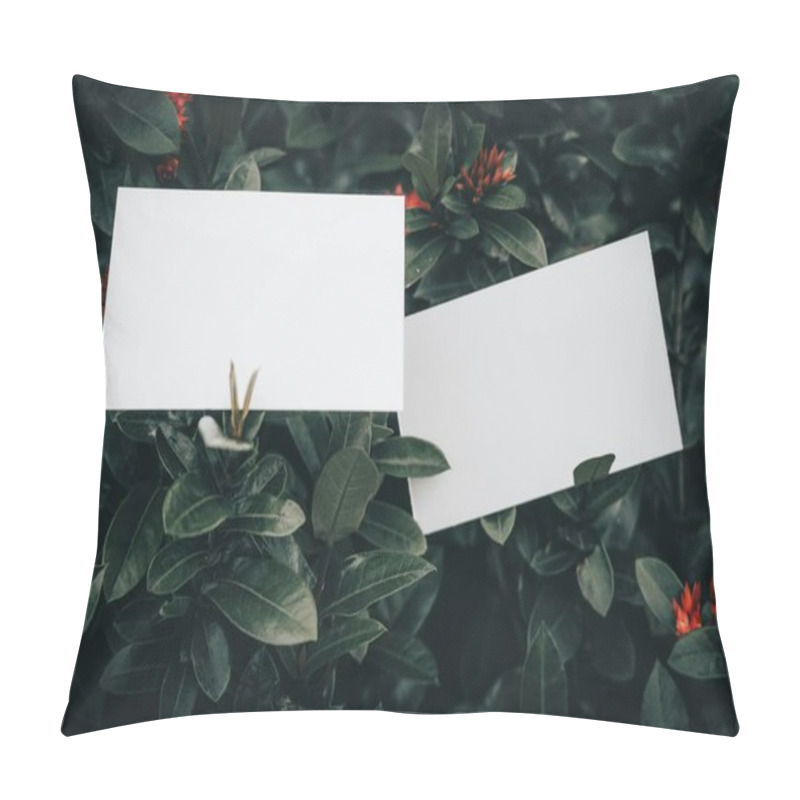 Personality  Two Blank Cards Resting Among Lush Greenery And Red Flowers. Pillow Covers