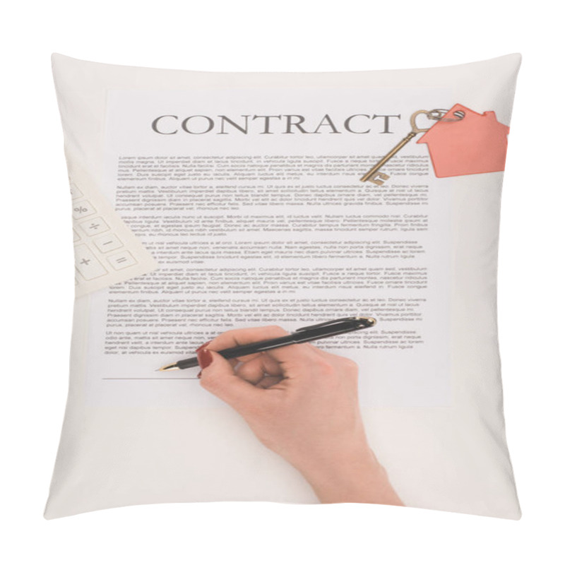 Personality  Top View Of Cropped Hand Signs Contract Of Buying House Isolated On White Pillow Covers