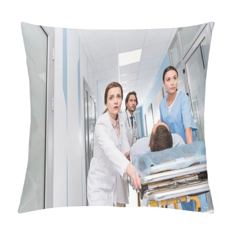 Personality  Worried Doctors And Nurse Transporting Unconscious Patient On Gurney Pillow Covers