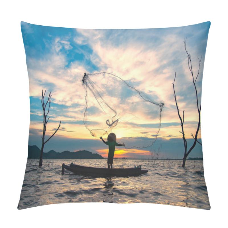 Personality  Asian Fisherman On Wooden Boat Casting A Net For Catching Freshwater Fish In Nature River In The Early Morning Before Sunrise Pillow Covers