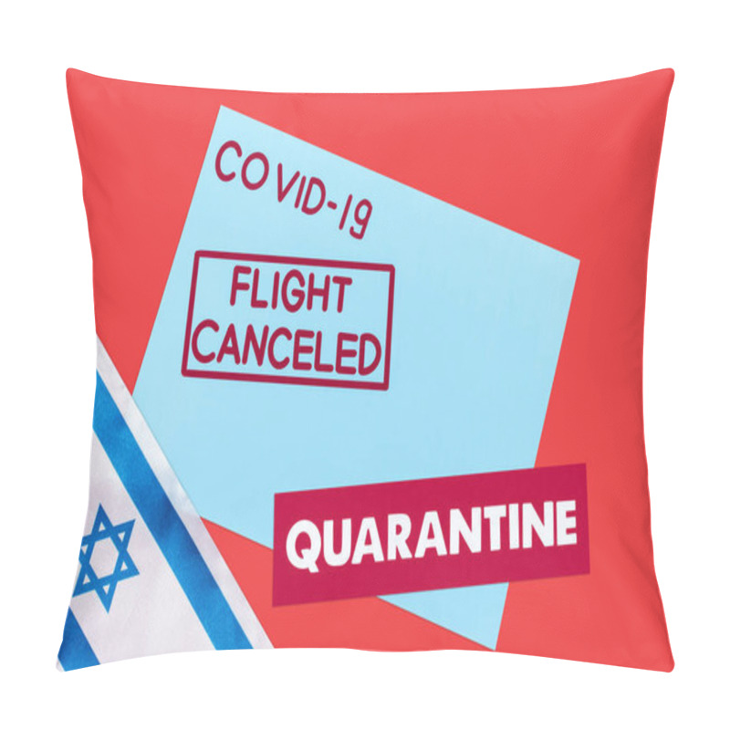 Personality  Top View Of Blue Envelope With Covid-19, Flight Canceled And Quarantine Lettering Near Flag Of Israel Isolated On Red  Pillow Covers