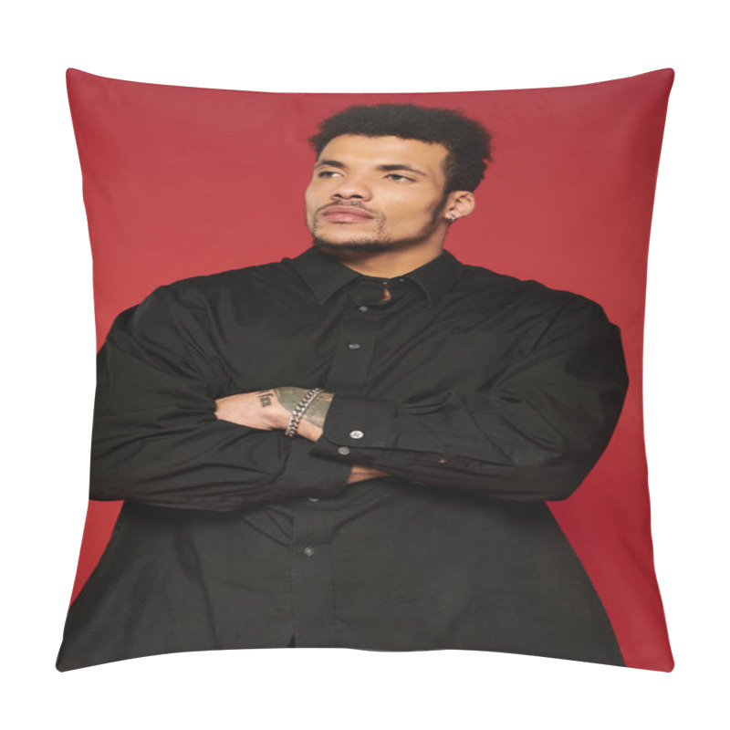 Personality  A Young Handsome Man Stands With Arms Crossed, Exuding Confidence And Style In A Bold Setting. Pillow Covers