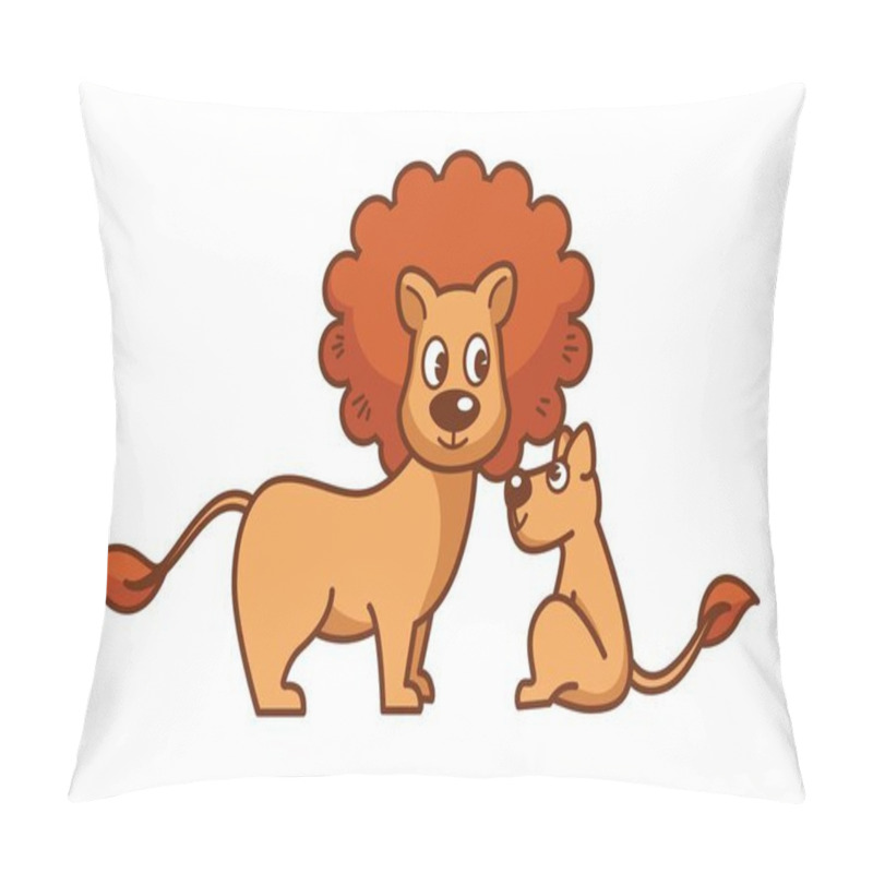 Personality  Father Lion With Thick Mane And Little Lionet. Wild Predators From Savannah. King Of Animals With His Baby Son That Sits And Looks At Him Isolated Cartoon Flat Vector Illustration On White Background. Pillow Covers