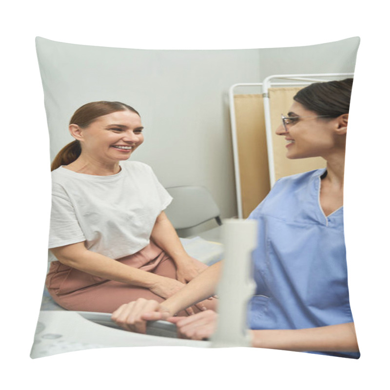 Personality  Gynecologist Discusses Health Of A Female Patient At A Contemporary Clinic. Pillow Covers