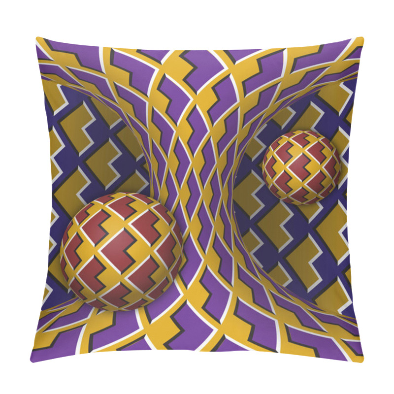 Personality  Optical Motion Illusion Illustration. Two Spheres Are Rotation Around Of A Moving Hyperboloid. Abstract Fantasy In A Surreal Style. Pillow Covers