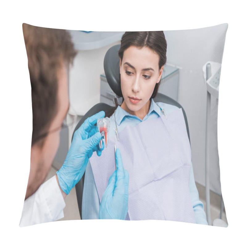 Personality  Selective Focus Of Dentist Holding Dental Instrument And Tooth Model Near Girl  Pillow Covers