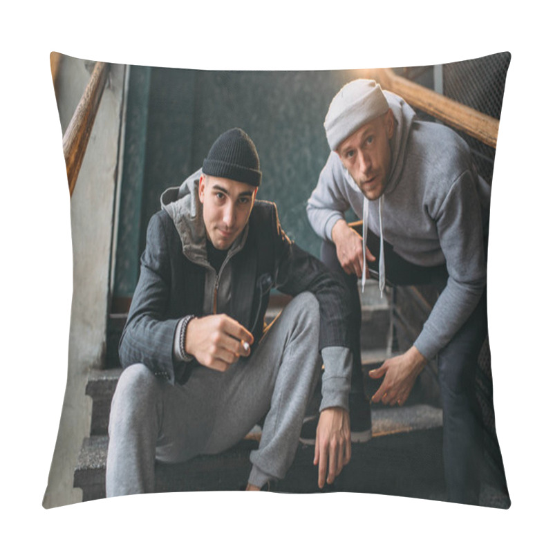 Personality  Two Male Robbers On Stairs. Street Bandits Waiting For Victim, Crime Concept Pillow Covers