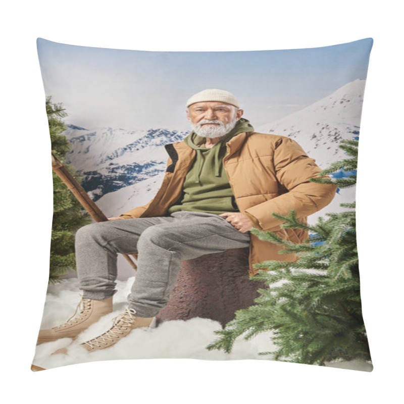 Personality  Man Dressed As Santa Sitting On Tree Stump And Holding Ski Poles With Mountain Backdrop, Winter Pillow Covers