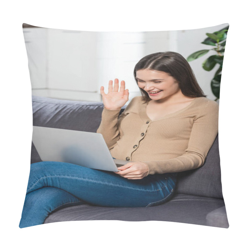 Personality  Joyful Freelancer Waving Hand While Having Video Chat On Laptop On Couch In Kitchen Pillow Covers