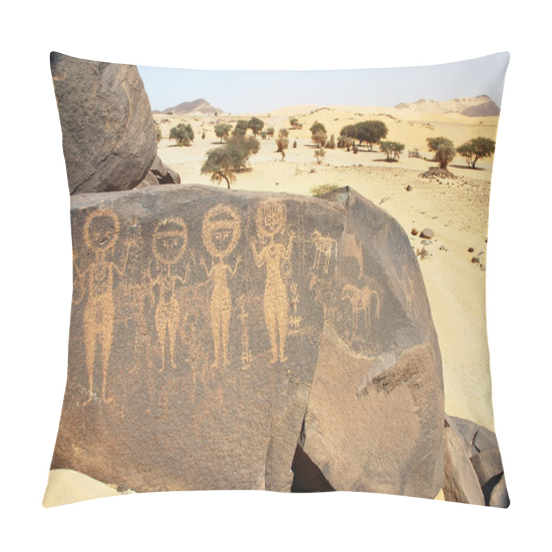 Personality  Ancient Rock Art In Sahara Depicting Four Figures Pillow Covers