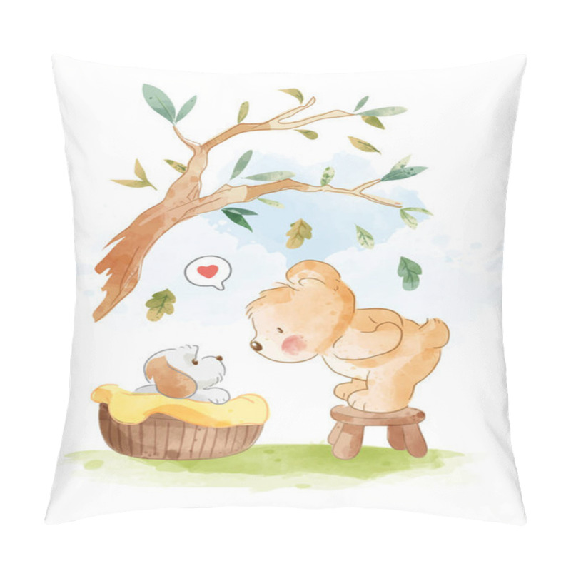 Personality  Cute Bear And Little Puppy In Basket Illustration Pillow Covers