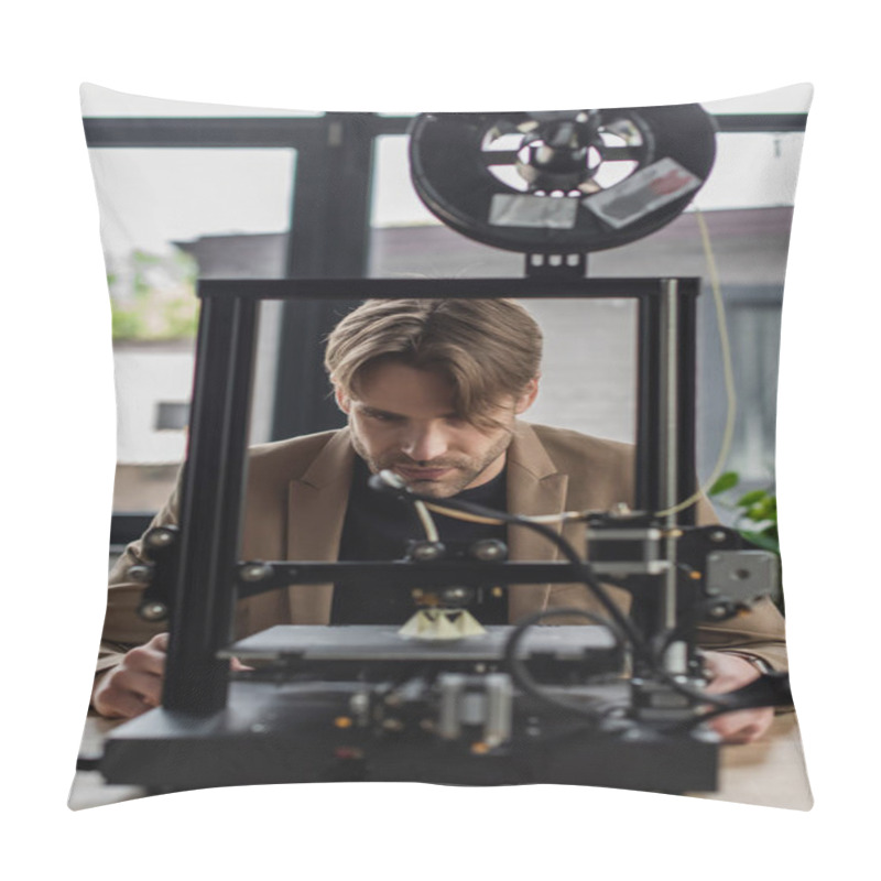 Personality  Focused Young Designer Looking At 3D Printer Producing Model In Modern Office Pillow Covers