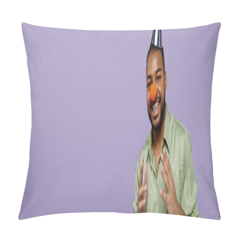 Personality  A Young African American Man With Braces On A Purple Background Is Happily Balancing A Clown Nose On Top Of His Head. Pillow Covers