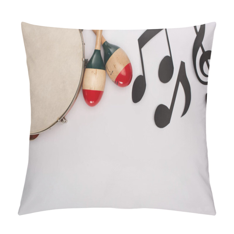 Personality  Top View Of Wooden Maracas Near Tambourine And Paper Cut Music Notes On White Background Pillow Covers