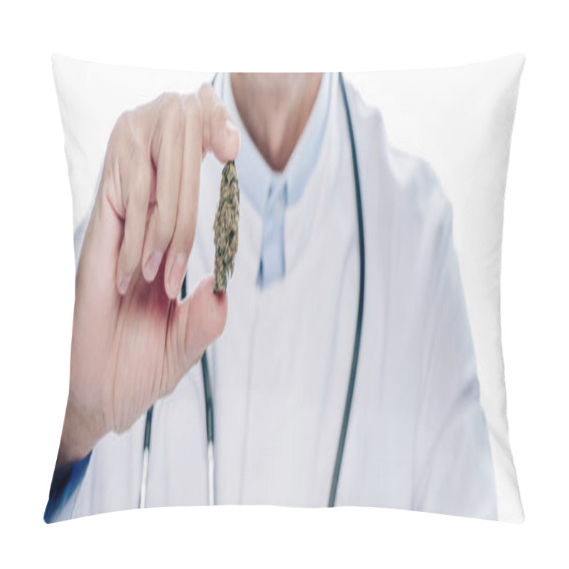 Personality  Panoramic Shot Of Doctor In White Coat Holding Medical Cannabis Isolated On White  Pillow Covers