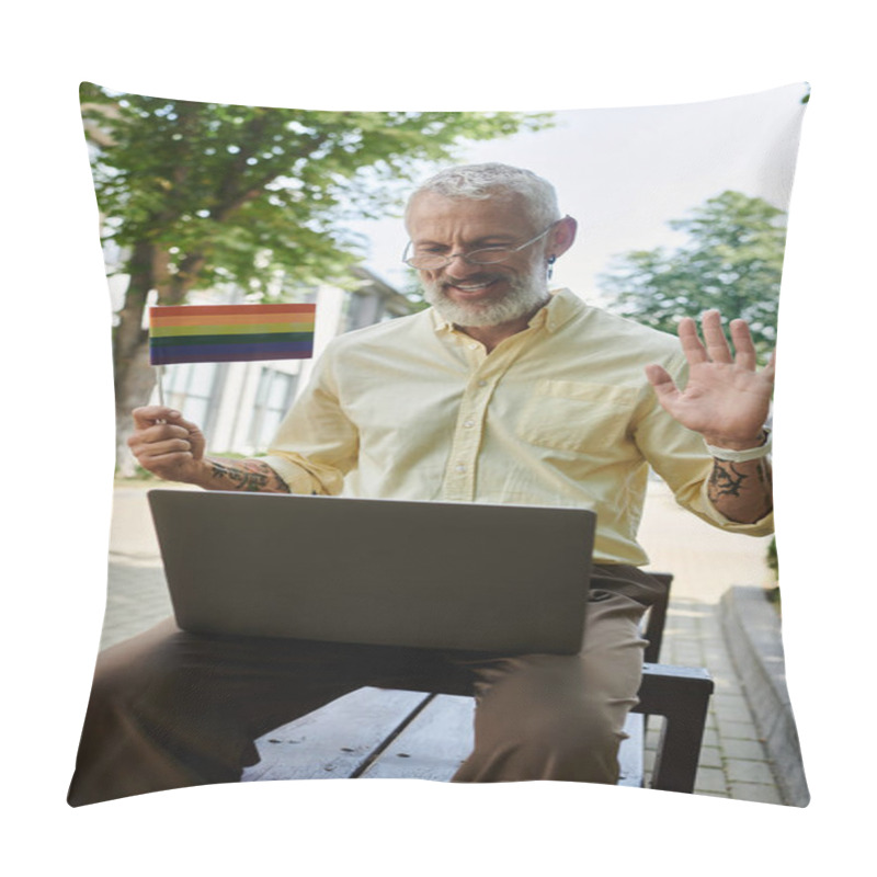 Personality  A Middle-aged Gay Man With A Beard Smiles And Waves As He Video Chats On His Laptop, Holding A Rainbow Flag. Pillow Covers