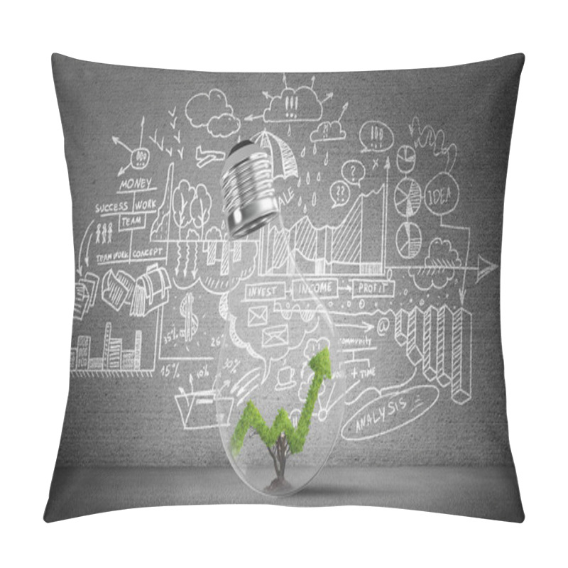 Personality  Lightbulb With Green Growing Graph Inside Placed Against Sketched Business-analytical Information On Grey Wall. 3D Rendering. Pillow Covers