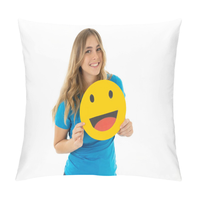 Personality  Attractive Young Woman Holding Happy Face Emoticon Icon Excited To Be Liked In Social Media In Facial Expressions, Social Network, Notification Icons And Technology Communication. Pillow Covers