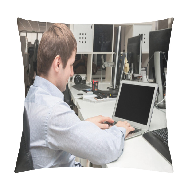 Personality  Young Handsome Man With Computer In The Office. Thinking Over Task In Programming Pillow Covers