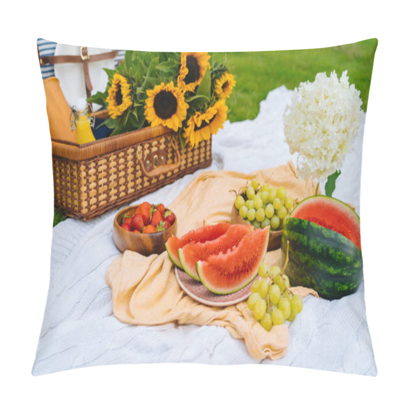 Personality  Summer Picnic Concept On Sunny Day With Watermelon, Fruit, Bouquet Hydrangea And Sunflowers Flowers. Picnic Basket On Grass With Food And Refreshing Summer Drink On White Knit Blanket. Selective Focus Pillow Covers