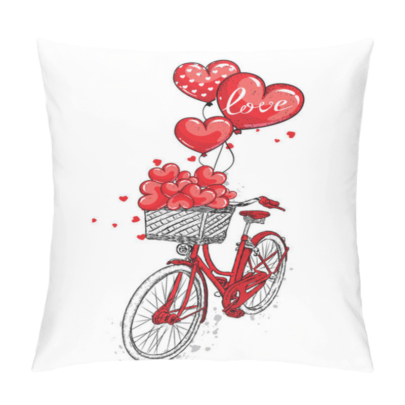 Personality  A Bicycle With A Basket Of Hearts And Balloons In The Shape Of A Heart. Valentine's Day And Love. Vector Illustration For A Postcard Or A Poster. Pillow Covers