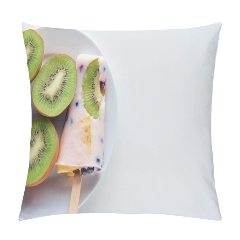 Personality  Top View Of Delicious Homemade Popsicle With Berries And Slices Of Kiwi On Plate On Grey  Pillow Covers