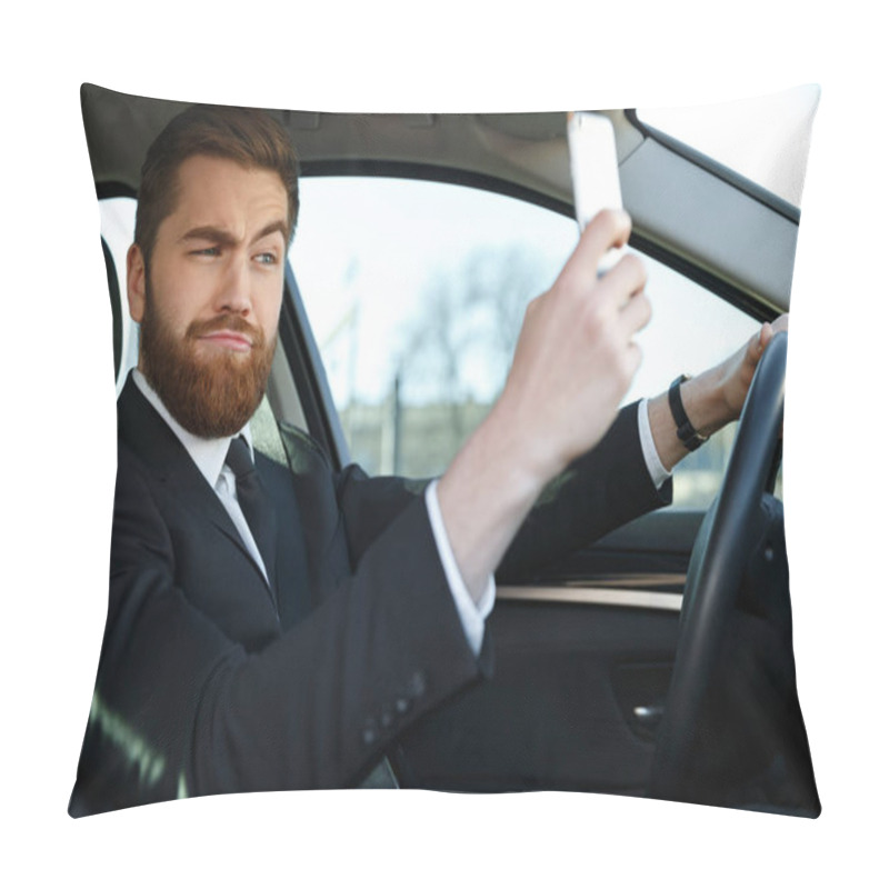 Personality  Side View Of Bearded Business Man Making Selfie Pillow Covers