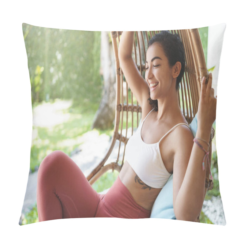 Personality  Happiness, Vacation, Recreation Concept. Side-shot Cheerful Happy Young Woman Relaxing Rattan Armchair Resting Beautiful Green Terrace Garden Close Eyes Smiling Enjoy Sunbeams Sunbathing Patio Pillow Covers