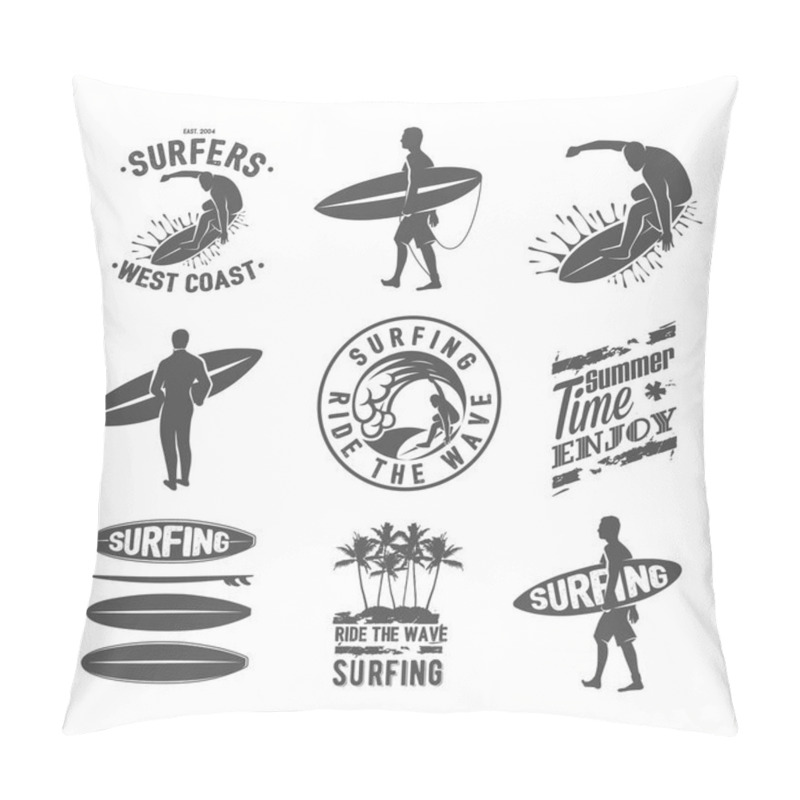 Personality  Silhouettes Of Surfers With Boards Isolated On White Background Pillow Covers