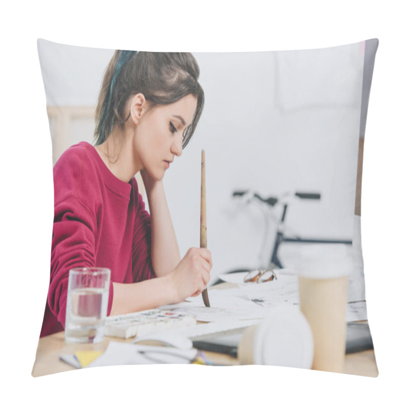 Personality  Attractive Young Girl Drawing Sketches By Working Table  Pillow Covers