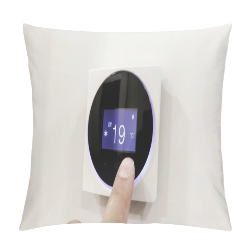 Personality  Wall-mounted Digital Climate Control, Home Thermostat That Controls A Smart Modern And Contemporary Home Concept. Fingers Set A Comfortable Temperature, Adjusting The Degrees In The Living Room Close Pillow Covers