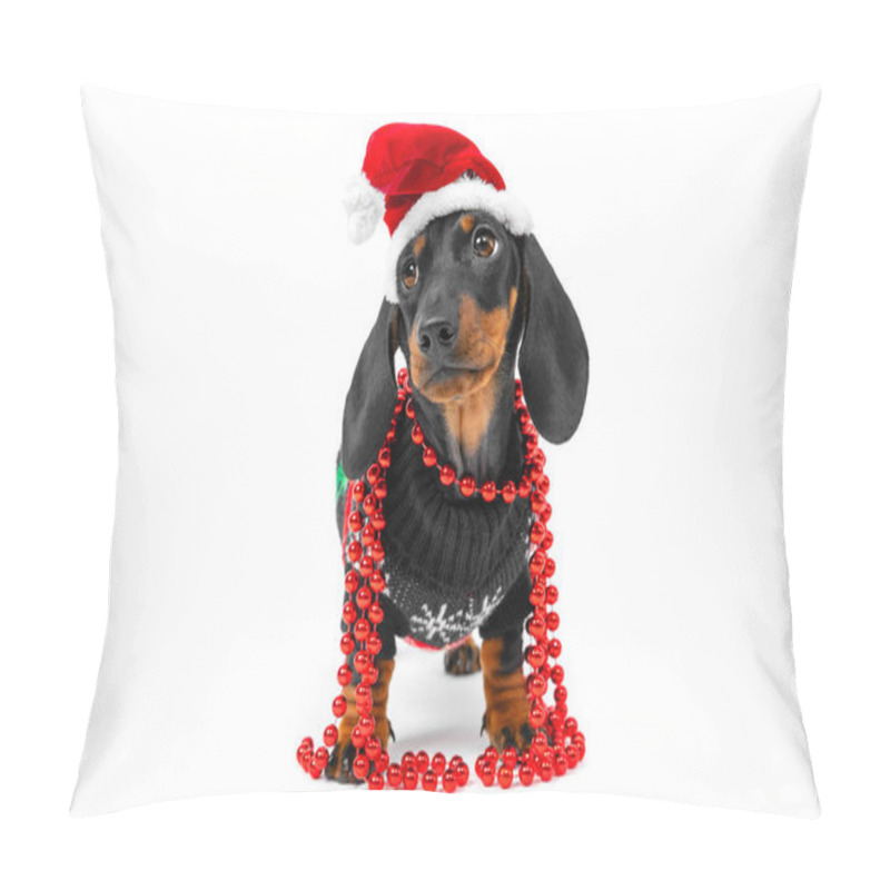 Personality  Cute Little Puppy Dachshund Wearing Santa Claus Red And White Hat, Wrapped With Christmas Beads, Wearing Christmas Pullover With Deers, Standing On White Background. Copy Space Pillow Covers